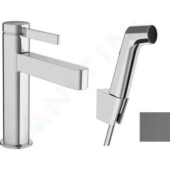 Vodovodní baterie Hansgrohe Finoris Umyvadlová baterie s výpustí Push-Open a bidetovou sprškou, EcoSmart, kartáčovaný černý chrom, 76210340