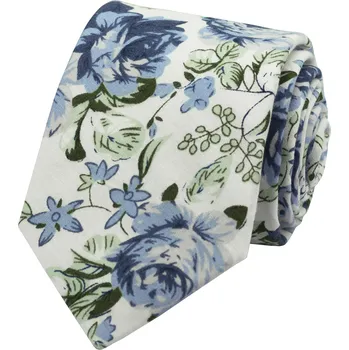 Kravata Bílá pánská bavlněná kravata s modrými květy