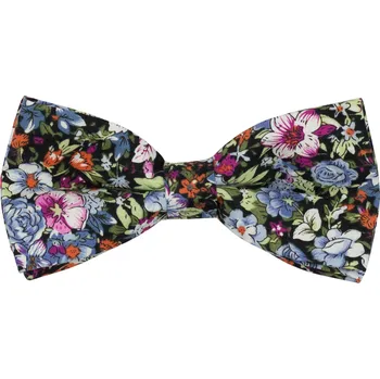 Motýlek Černý pánský bavlněný motýlek s modro fialovými květy