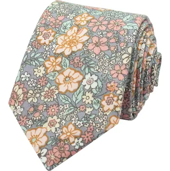 Kravata Šedo modrá pánská bavlněná kravata s barevnými květy