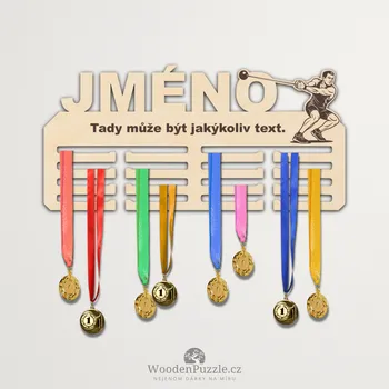 věšák na medaile WoodenPuzzle.cz Věšák na medaile - hod kladivem - muž Velikost: 30 cm