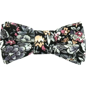 Motýlek Černý MINI dětský motýlek s šedo růžovými květy