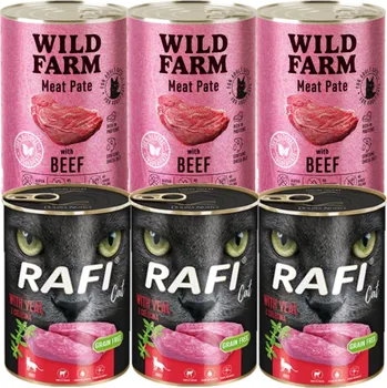 Krmivo pro kočku RAFI Cat Adult s telecím masem 3x400g + WILD FARM Pate Beef 3x400g - bezlepkové krmivo pro kočky