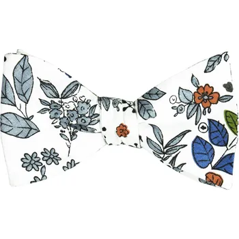 Motýlek Bílý bavlněný vázací motýlek s šedo zelenými lístky