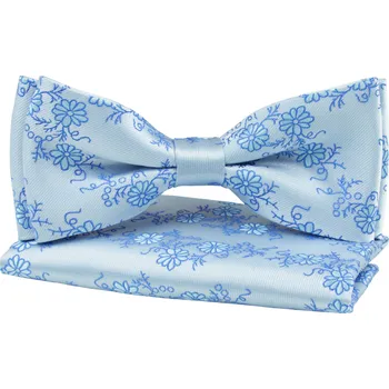 Motýlek Světle modrý pánský motýlek s modrými květy včetně kapesníčku