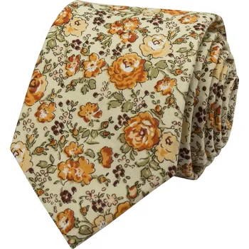 Kravata Světle béžová pánská bavlněná kravata s žluto oranžovými květy