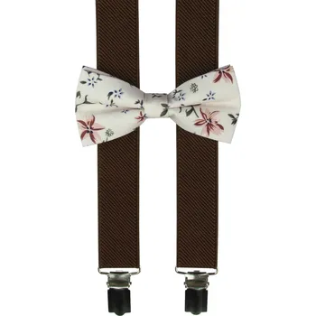 Kšandy Hnědé dětské kšandy s bavlněným květovaným motýlkem