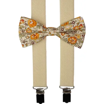 Kšandy Béžové pánské kšandy s bavlněným květovaným motýlkem