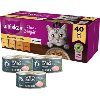 Krmivo pro kočku WHISKAS Adult sáčky 40 x 85 g Drůbeží hranolky - vlhké krmivo pro dospělé kočky, v želé (kousky s: kuřecím, krůtím, drůbežím, kachním) + WILD FARM Mousse Chicken 3x85g - pěna pro kočky bez obilovin