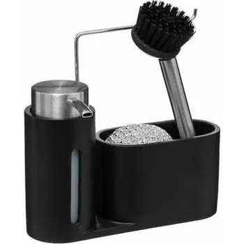 Odkapávač na nádobí Kuchyňský organizér 5five černý s dávkovačem na jar a houbičkou na dřez