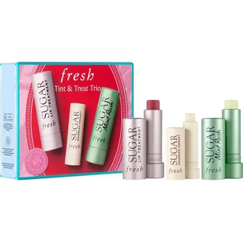Kosmetická sada fresh Tint & Treat Trio fresh Sugar Tinted Lip Treatment tónovací hydratační balzám na rty 4,3 g + fresh Sugar Advanced Therapy Treatment Lip Balm hydratační balzám na rty 2,2 g + fresh Sugar Mint Rush Freshening Lip Treatment osvěžující balzám s hydratač