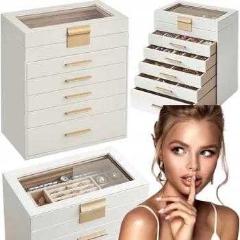 Šperkovnice Šperkovnice kufřík na šperky, brýle a hodinky, 6 úrovní, krémově bílá