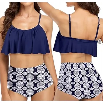 Dámské plavky PLAVKY BIKINI S VOLÁNEK, KALHOTKY S VYSOKÝM PASEM, ZEZÍHLUJÍCÍ / S