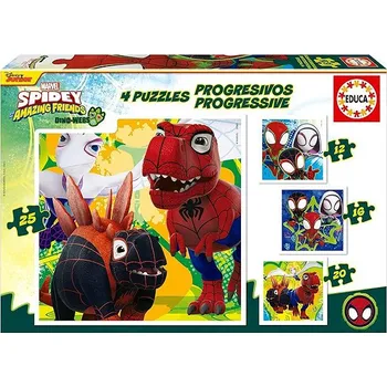 EDUCA Puzzle Spidey a jeho úžasní přátelé: Dino-web 4 v 1 (12, 16, 20, 25 dílků)