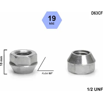 Matice na kolo Kolová matice 1/2 UNF kužel otevřená, klíč 19, černá, D63CF, výška 15 mm