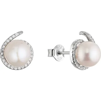 Náušnice Stříbrné náušnice pecky s bílou říční perlou a zirkony 21116.1
