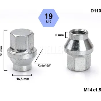 Matice na kolo Kolová matice M14x1,5 kužel s krčkem 16,5 mm zavřená, klíč 19, D110F, výška 34 mm, délka krčku 6 mm