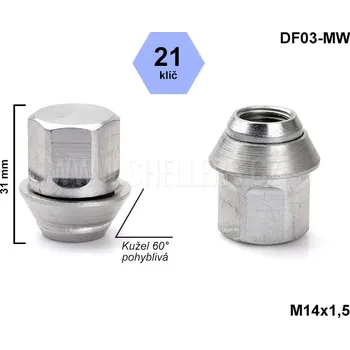 Matice na kolo Kolová matice M14x1,5 FORD, LAND ROVER, JAGUAR, kužel pohyblivá, klíč 21, DF03-MW uzavřená, výška 31