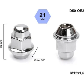 Matice na kolo Kolová matice M12x1,5 kužel chrom, MAZDA, HYUNDAI, KIA, klíč 21, D50-OE2 výška 36