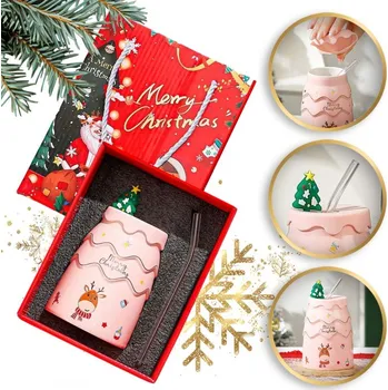 Sklenice Flamenco Mystique Vánoční hrnek - sada se silikonovým víčkem a brčkem 400 ml, růžový kb06r