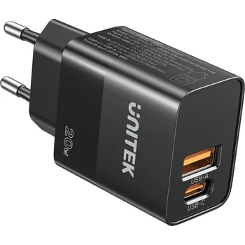 Unitek 1x USB-A, 1x USB-C, QC, PC 3.0, 20W síťová nabíječka, černá
