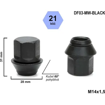 Matice na kolo Kolová matice M14x1,5 FORD, LAND ROVER, JAGUAR, kužel pohyblivá, klíč 21, DF03-MW uzavřená, výška 31mm