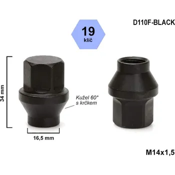 Matice na kolo Kolová matice M14x1,5 kužel s krčkem 16,5 mm zavřená, klíč 19, D110F-BLACK, výška 34 mm, délka krčku 6 mm, černá