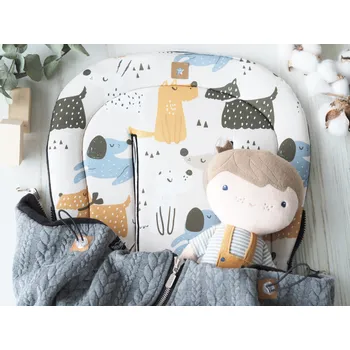 SET Podložka prodloužená (Puppies, taupe fleece) + copánková deka (dark grey, černý fleece)