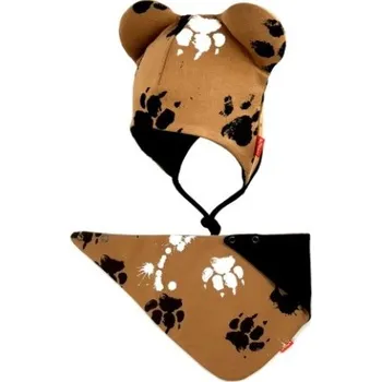 Čepice Bexa dvouvrstvá čepice na zavazování s oušky + šátek - Tlapky, hnědá, vel. 80/92