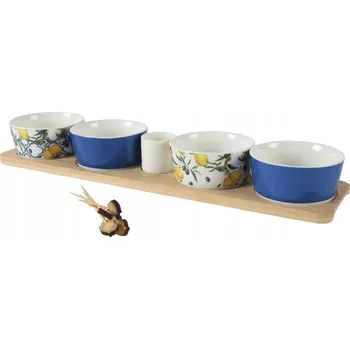 Porcelánová sada na tapas s dřevěným podnosem – středomořský vzor