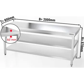 Jídelní stůl G.Gastro Pracovní stůl PREMIUM z nerezové oceli - 2,0 m - se spodní policí & obkladovým panelem