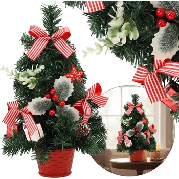 Vánoční stromek MALÁ Umělá vánoční stromeček červený s cesmínou ZDOBENÝ