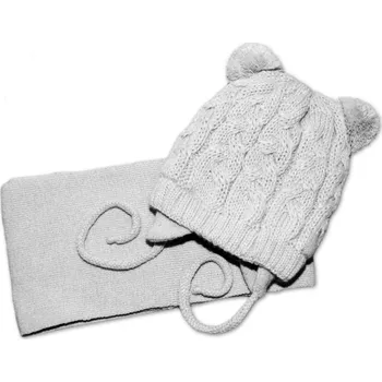Kojenecká čepice Zimní pletená kojenecká čepička s šálou TEDDY - šedá s bambulkami, vel. 62/68