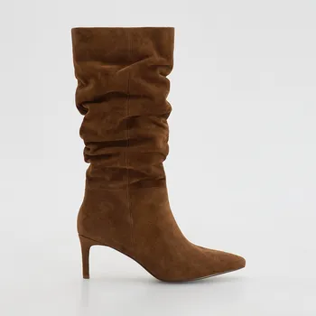 Dámské kozačky Reserved - Semišové kozačky se sklady - béžová - 861FE-80X - 861FE-80X-38