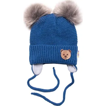 Kojenecká čepice Dětská zimní čepice s fleecem Teddy Bear- chlupáčk. bambulky - tm. modrá, šedá