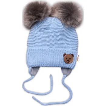 Kojenecká čepice Dětská zimní čepice s fleecem Teddy Bear - chlupáčk. bambulky,sv. modrá, šedá