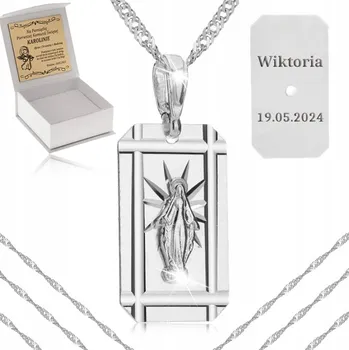 Řetízek STŘÍBRNÝ ŘETÍZEK + MEDAILON Matka Boží 925 DÁREK SVATÉ PŘIJÍMÁNÍ GRAVÍROVÁNÍ KE KŘESTU