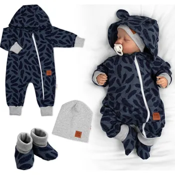 Kojenecký overall Rostoucí teplákový overal pro miminko, čepice, botky, 3D, Nature - jeans pírka