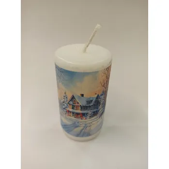 Svíčka Svíčka parafínová zdobená - válec 9,5cm - Zimní krajinka