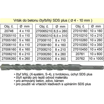 Vrták Vrták do betonu čtyřbřitý SDS plus 10x210mm 0.09 Kg NÁŘADÍ Sklad2 27010210 (0.09 Kg NÁŘADÍ Sklad2 27010210)