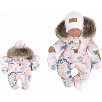 Dětská móda Zimní kombinéza s dvojitým zipem, kapucí a kožešinou + rukavičky Z&Z,Angel, růžičky,vel.62, Velikost koj. oblečení 74 (6-9m)