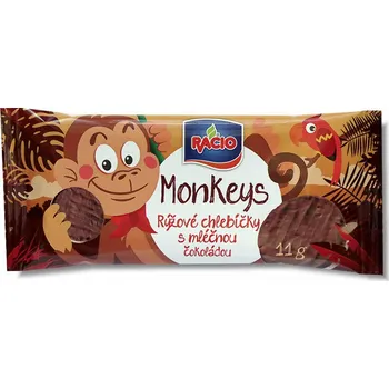 Rýžový chlebíček RACIO Monkeys – rýžové chlebíčky s mléčnou čokoládou (30 ks), cena za kus 7.9 Kč