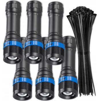 Svítilna LED Taktická Svítilna ZOOM Silná Vojenská Na Baterie 6 Ks + Stahovací Pásky