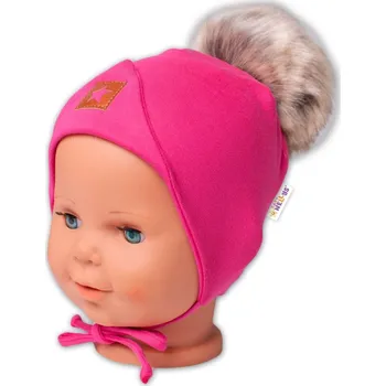 Dětská móda Zimní,podzimní bavlněná dvouvrstvá čepice s bambulí na zavazování Star, růžová,vel. 68/80