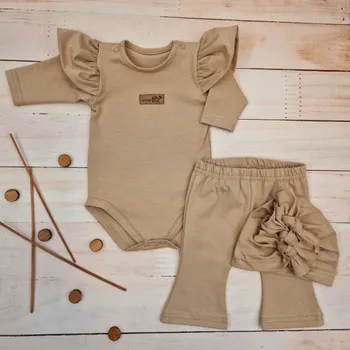 Kojenecký body Body s volánky, legíny do zvonu a čepička, 3D, bavlna, cappuccino, vel. 86, Velikost koj. oblečení 74 (6-9m)