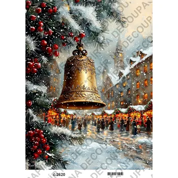 Umělecký papír Rýžový a soft papír na decoupage - Zimní město a zvon - KB2620 Materiál: Rýžový papír, Rozměr: A4