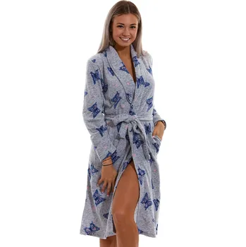 Dámský župan Šedý župan s motýlky a hlubokou kapucí na kojení do porodnice v delší délce, hřejivý 1Z1323 šedá m