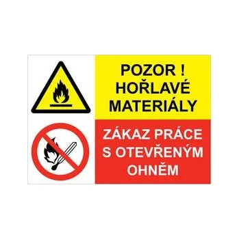 Pozor na hořlavé materiály - zákaz práce s otevřeným ohněm, kombinace, samolepka a5