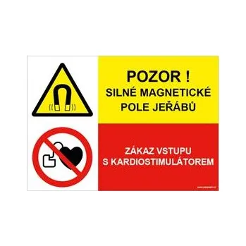 POZOR SILNÉ MAGNETICKÉ POLE JEŘÁBŮ - ZÁKAZ VSTUPU S KARDIOSTIMULÁTOREM, KOMBINACE, plast 1 mm, A4