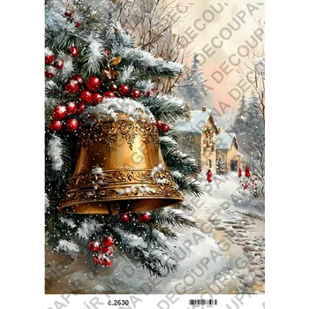 Umělecký papír Rýžový a soft papír na decoupage - Zimní město a zvon - KB2630 Materiál: Soft, Rozměr: A4